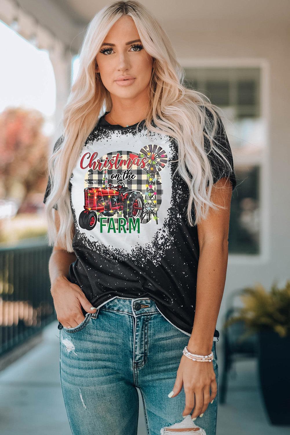 Black Christmas Farm Graphic Bleached T-shirt - L & M Kee, LLC