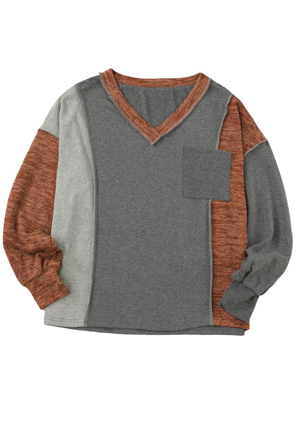 Brown V Neck Color Block Patchwork Loose Pullover - L & M Kee, LLC