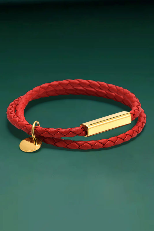 Red Clay Metal Decor PU Leather Braided Bracelet