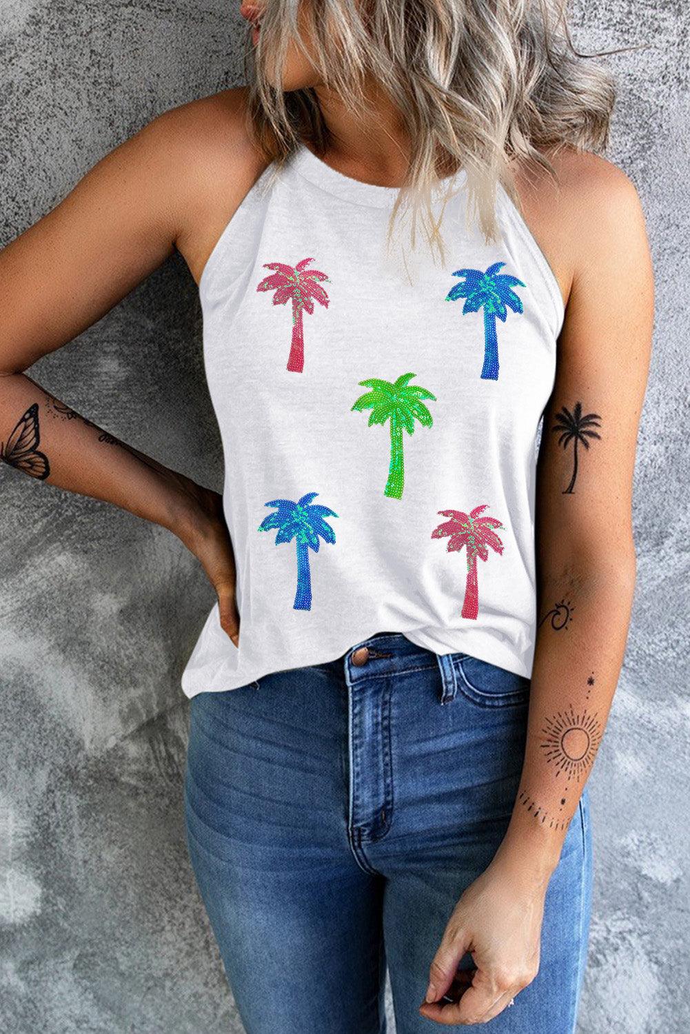 White Sequin Coconut Tree Graphic Tank Top - L & M Kee, LLC