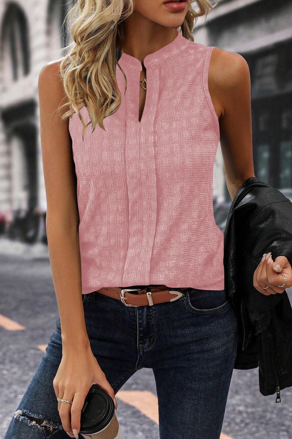 Pink Lattice Textured Split Neck Tank Top - L & M Kee, LLC