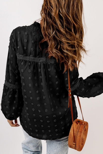 Blue Ruffled Split Neck Lace Hollow Out Puff Sleeve Polka Dot Blouse - L & M Kee, LLC