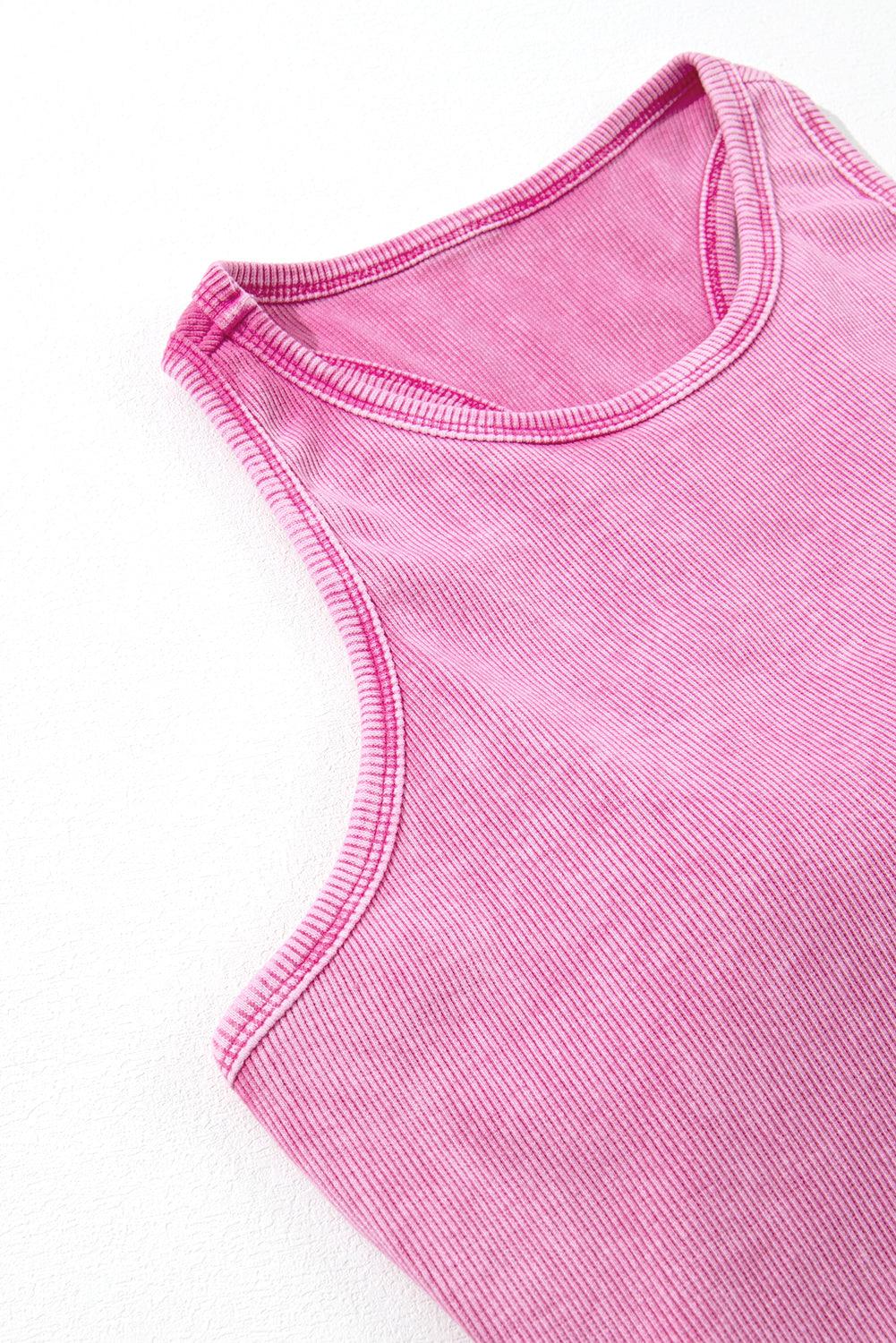 Pink Ribbed Mineral Wash Racerback Cropped Tank Top - L & M Kee, LLC