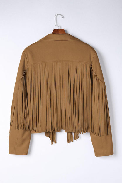 Camel Fringe Plus Size Cropped Jacket - L & M Kee, LLC