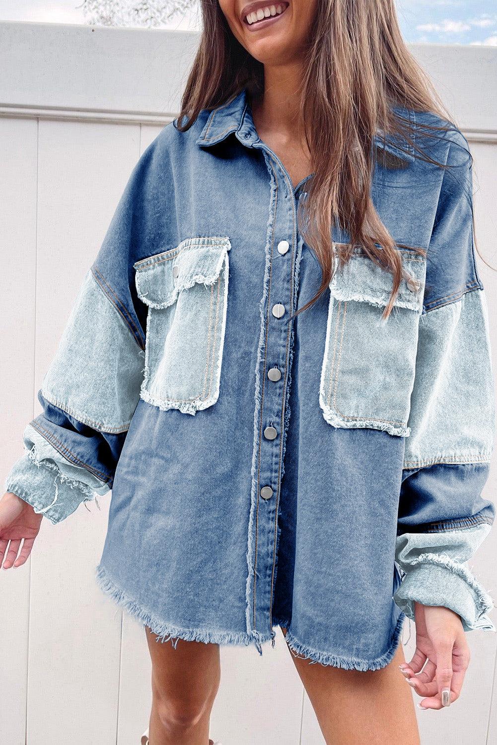 Blue Color Block Frayed Patchwork Oversize Denim Jacket - L & M Kee, LLC