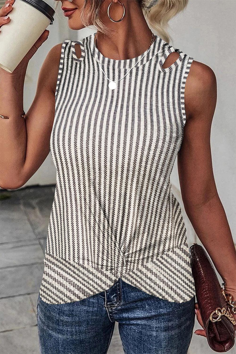 Gray Striped Cutout Twist Front Tank Top - L & M Kee, LLC