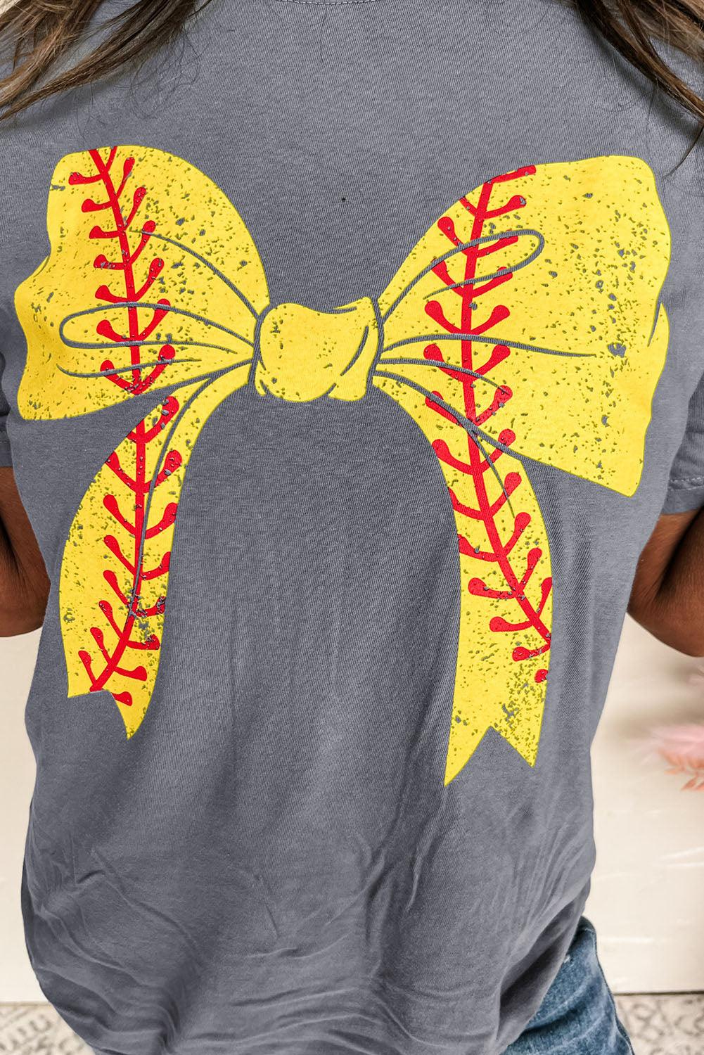 Gray Baseball Bowknot Graphic Casual Tee - L & M Kee, LLC