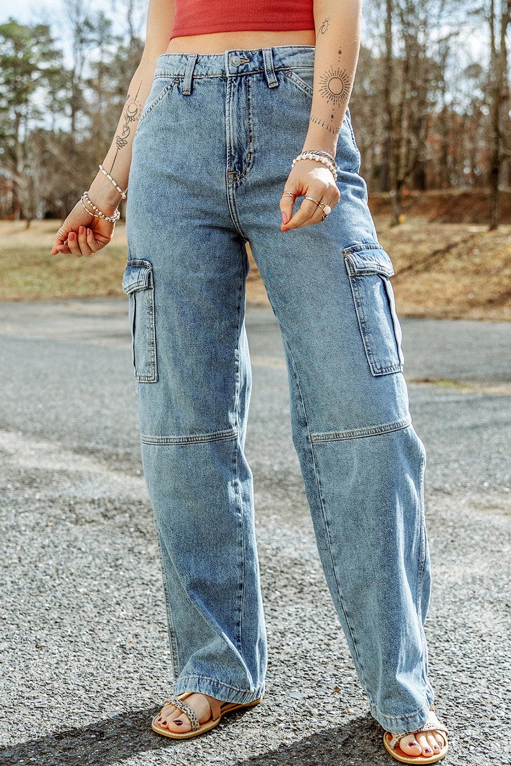 Sky Blue Cool Cargo Style Wide Leg Jeans - L & M Kee, LLC