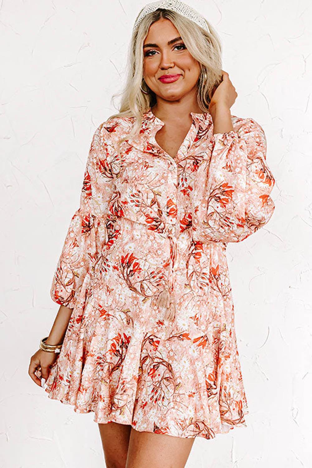 Orange Bubble Sleeve Cinched Waist Floral Dress - L & M Kee, LLC