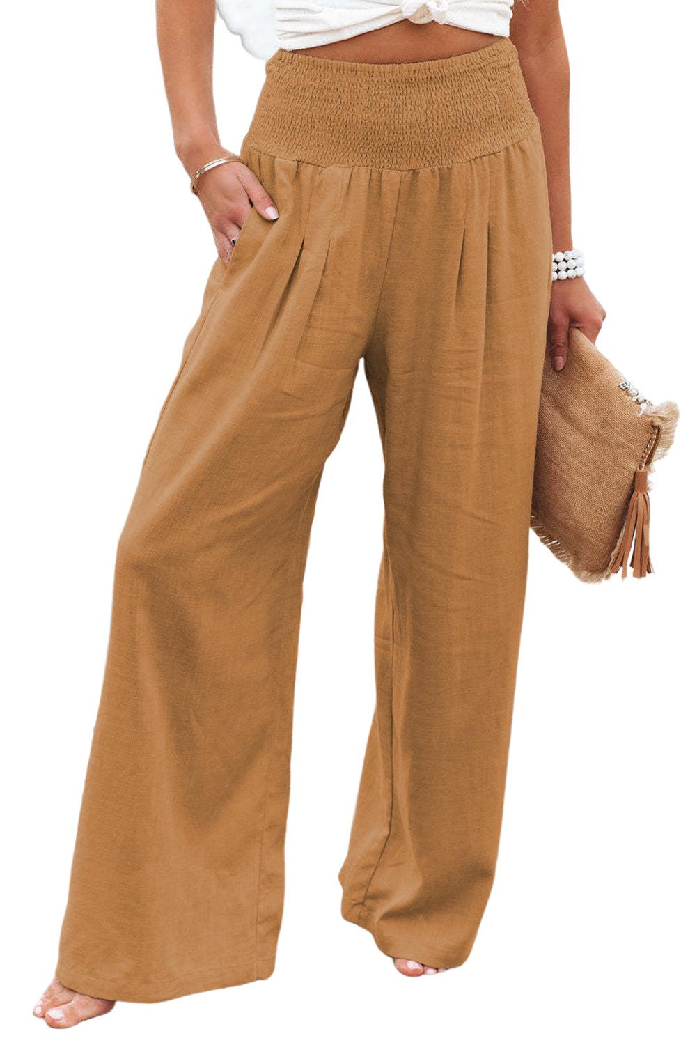 Khaki Smocked Wide Waistband High Waist Wide Leg Pants - L & M Kee, LLC