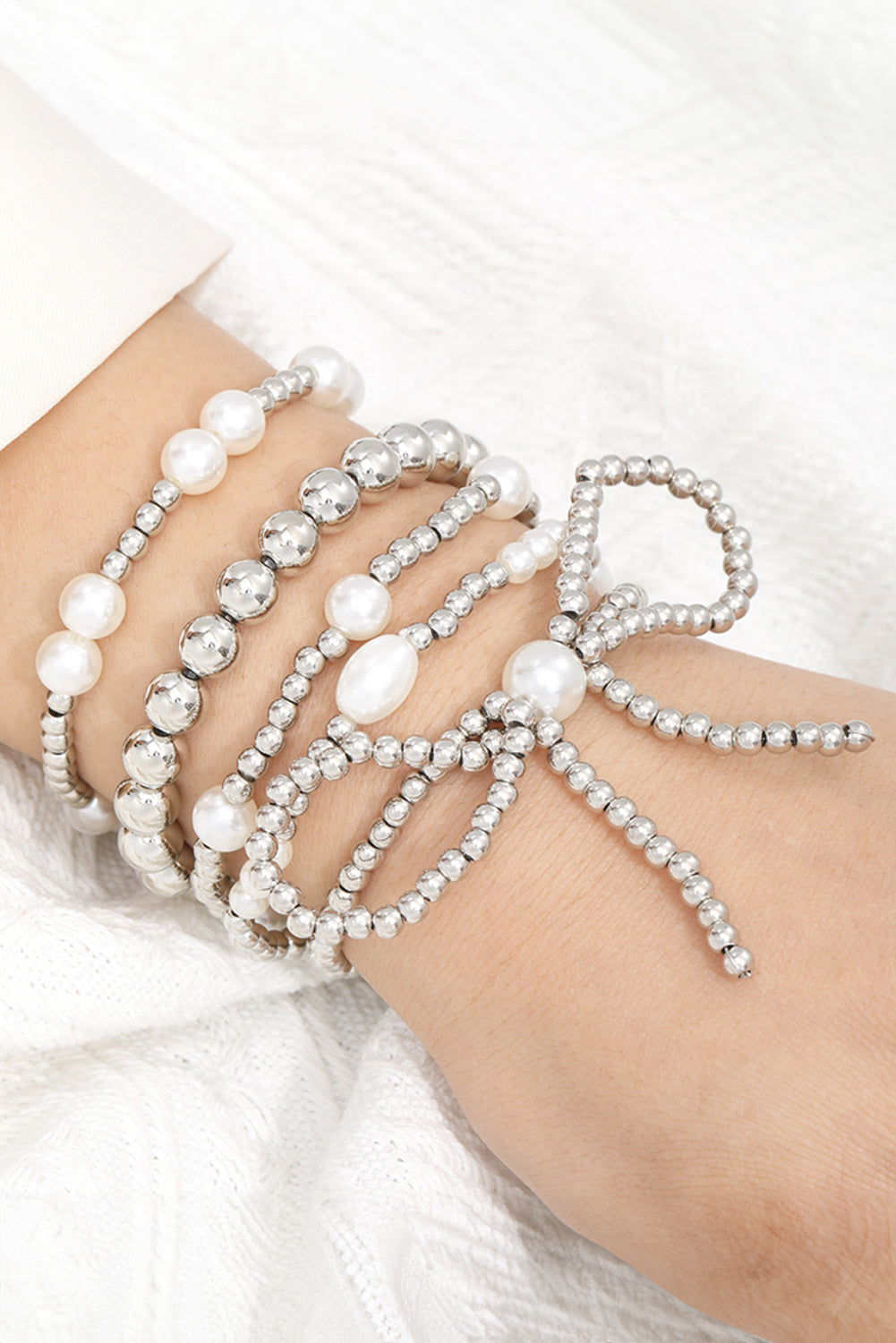 Silvery Bow Knot Pearl Beaded Multi Layered Bracelet Set