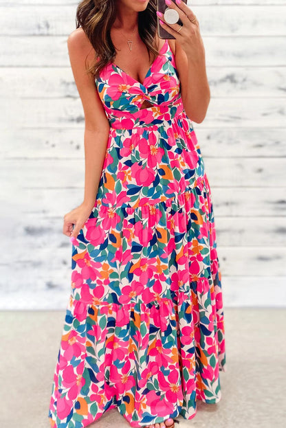 Rose Floral Twisted Smocked Back Tiered Maxi Dress - L & M Kee, LLC