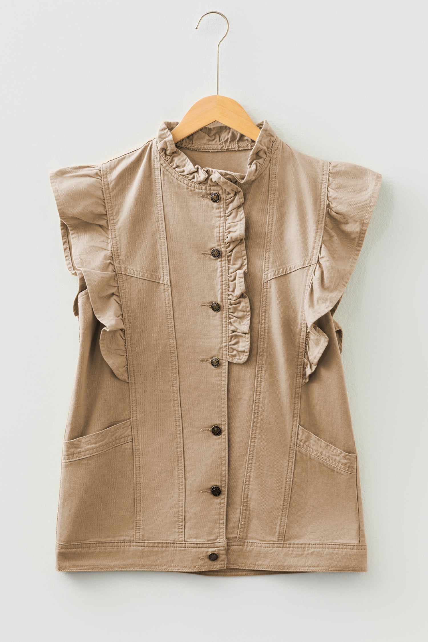 Pale Khaki Ruffled Patchwork Denim Jacket Vest