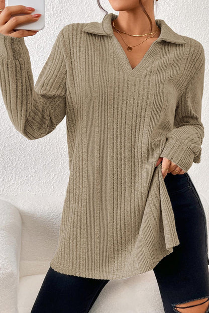 Apricot Ribbed Knit V Neck Collared Split Hem Tunic - L & M Kee, LLC