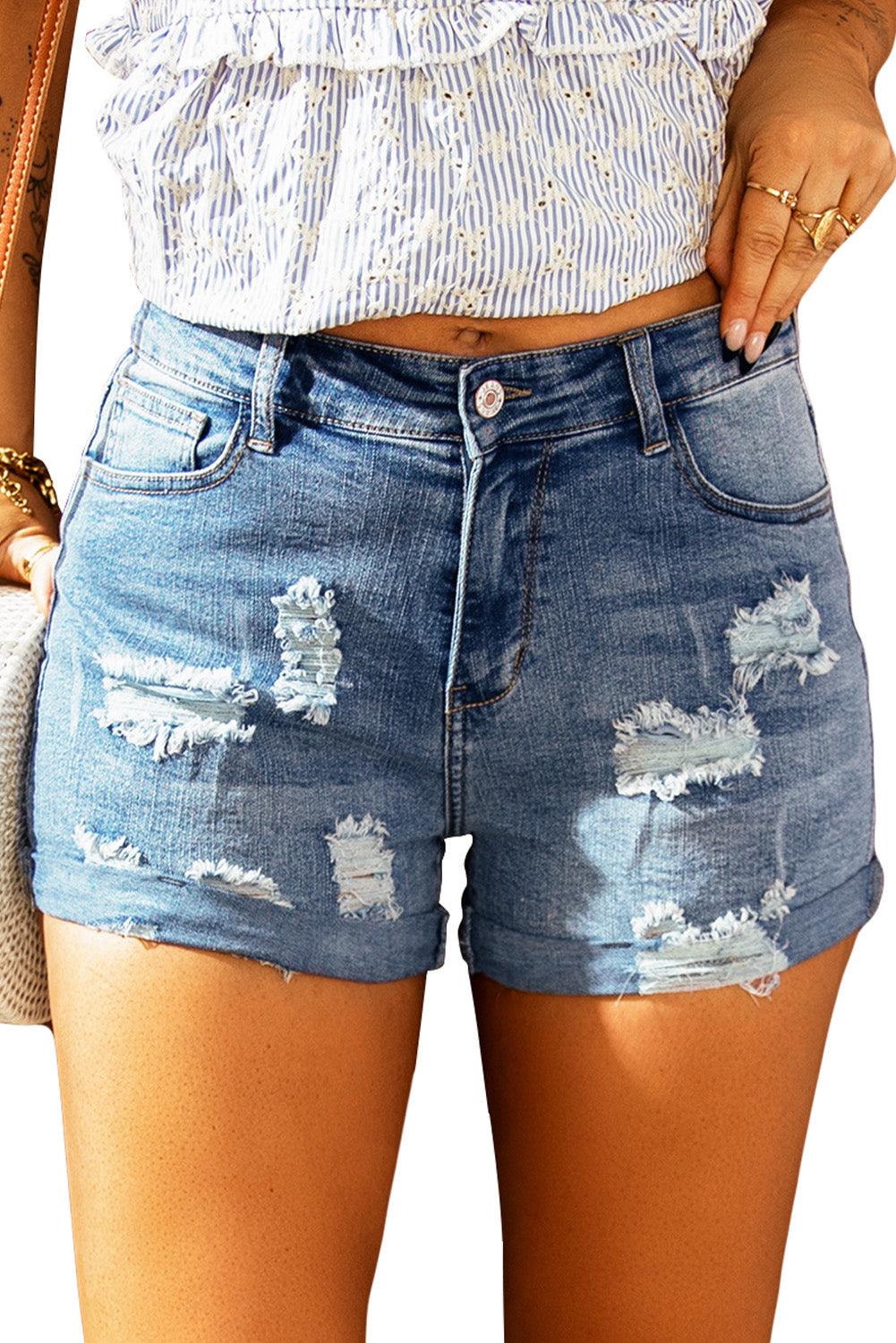 Blue Vintage Faded and Distressed Denim Shorts