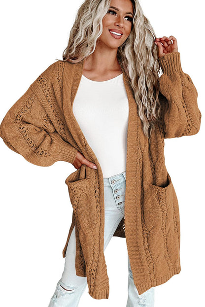 Khaki Ribbed Trim Eyelet Cable Knit Cardigan - L & M Kee, LLC