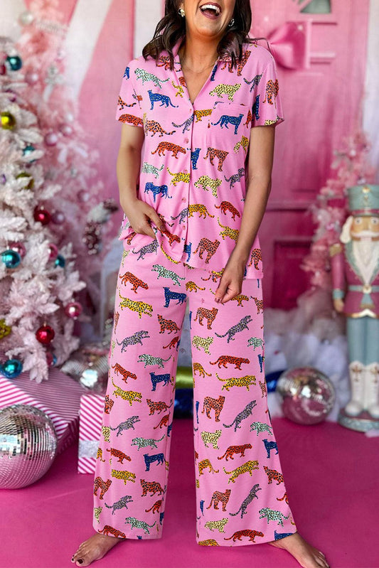 Pink Cheetah Print Short Sleeve Shirt and Pants Lounge Set - L & M Kee, LLC