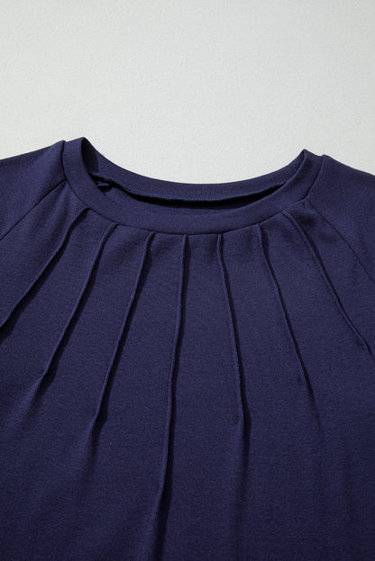 Navy Blue Solid Color Seam Detail Raglan Long Sleeve Top