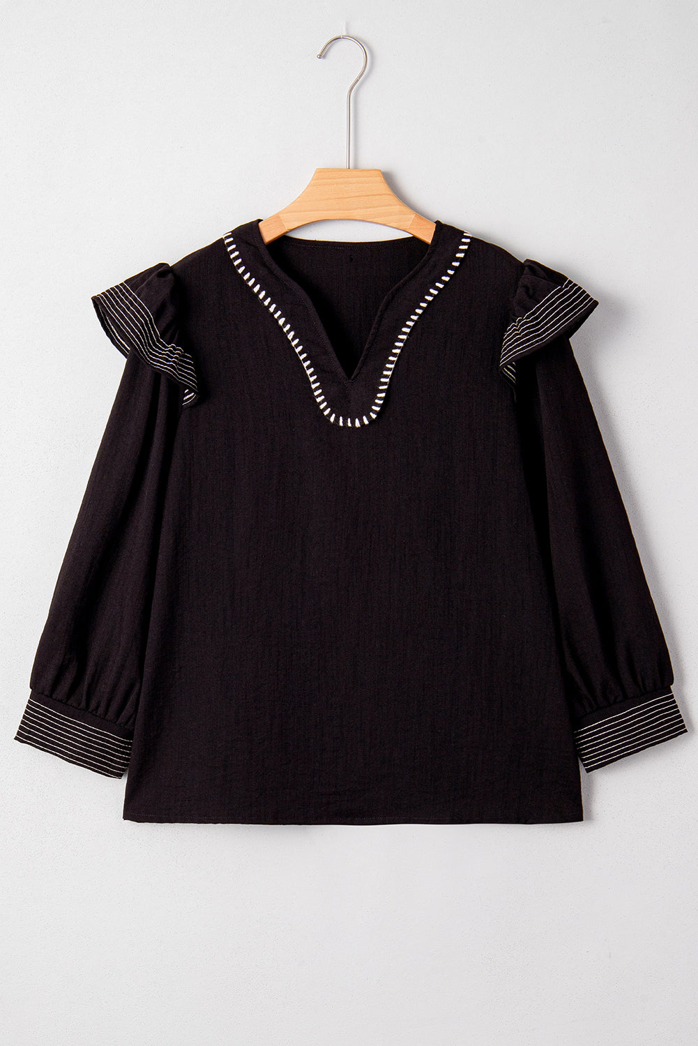 Black Contrast Stitched Detail V Neck Ruffle Long Sleeve Blouse