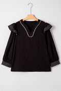 Black Contrast Stitched Detail V Neck Ruffle Long Sleeve Blouse