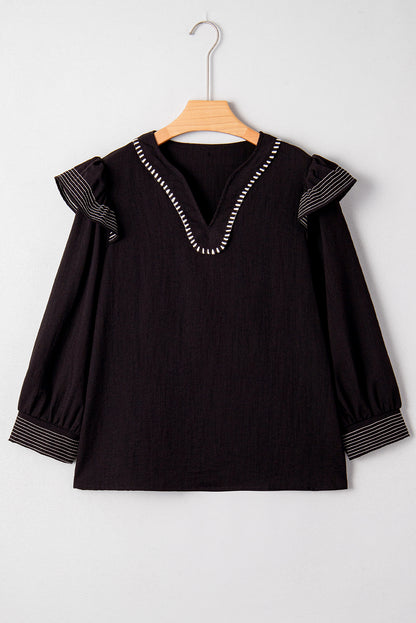 Black Contrast Stitched Detail V Neck Ruffle Long Sleeve Blouse