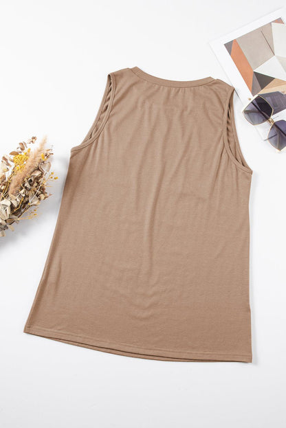 Light French Beige Pleated Detail Round Neck Tank Top - L & M Kee, LLC