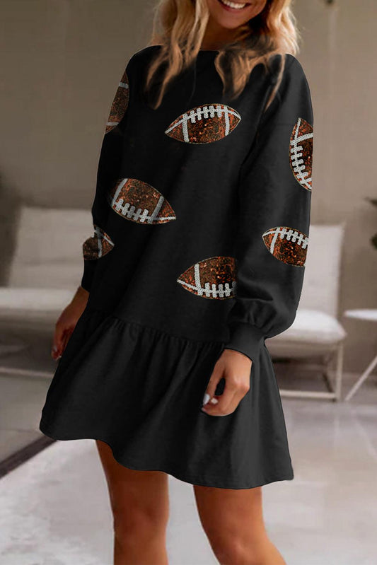 Black Game Day Sequin Rugby Pattern Ruffled Short Dress - L & M Kee, LLC