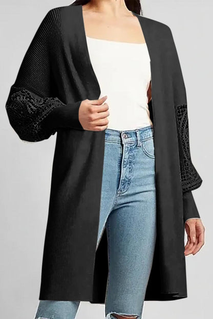 Black Crochet Lace Sleeve Ribbed Knit Cardigan - L & M Kee, LLC