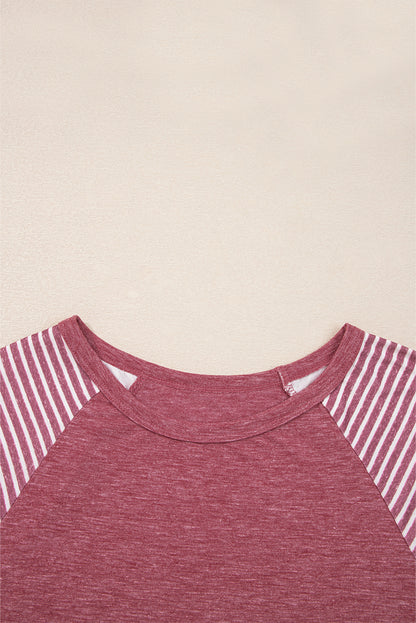 Mineral Red Contrast Print Striped Raglan Long Sleeve Loose Top