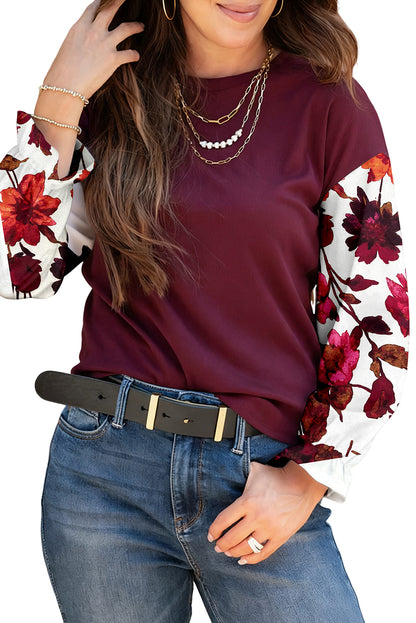 Wild Ginger Contrast Floral Sleeve Solid Ribbed Body Patchwork Long Sleeve Top