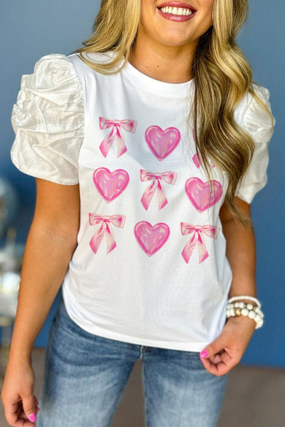 White Heart and Bowknot Graphic Contrast Bubble Sleeve Tee - L & M Kee, LLC