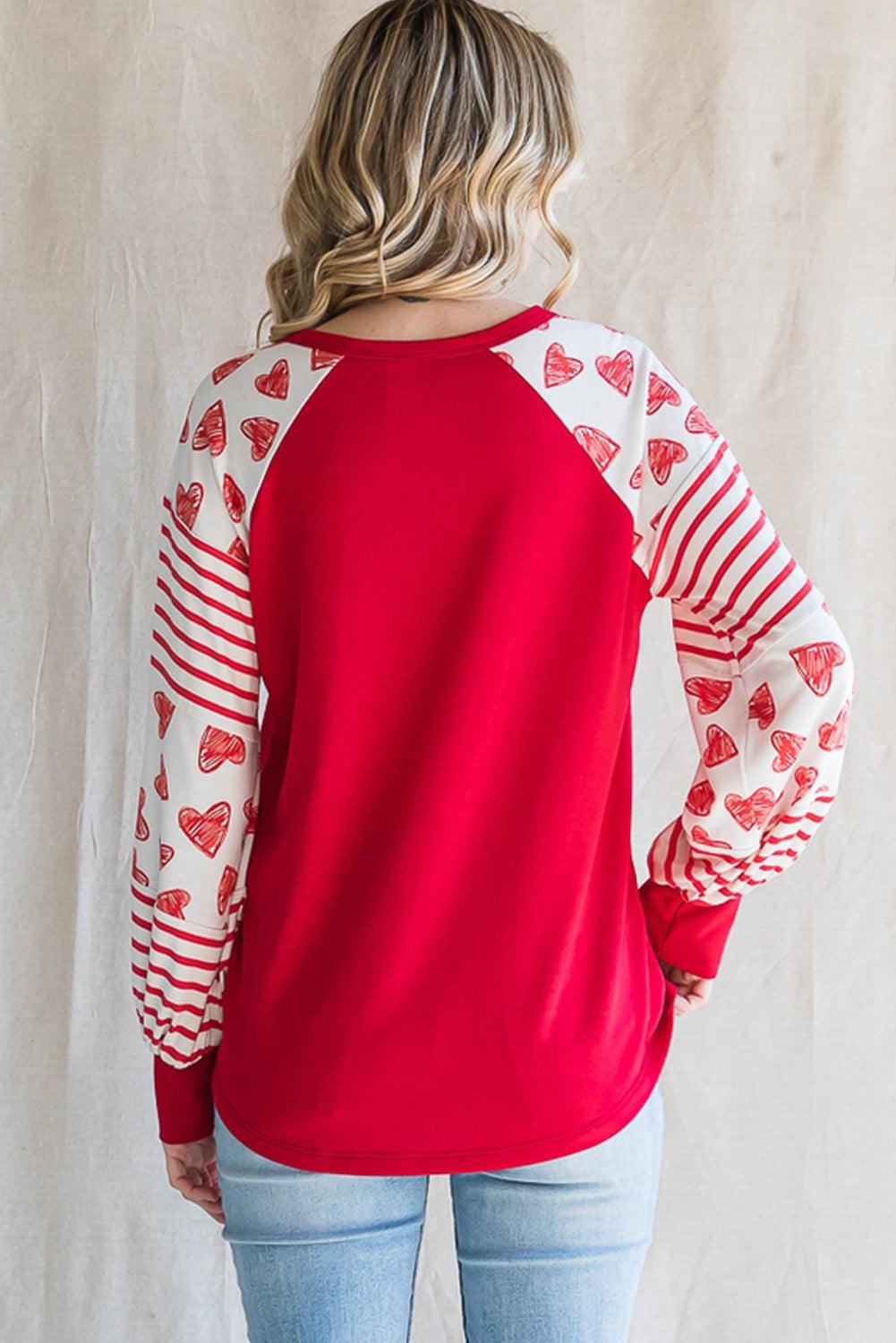 Fiery Red Heart Striped Raglan Sleeve Henley Top - L & M Kee, LLC