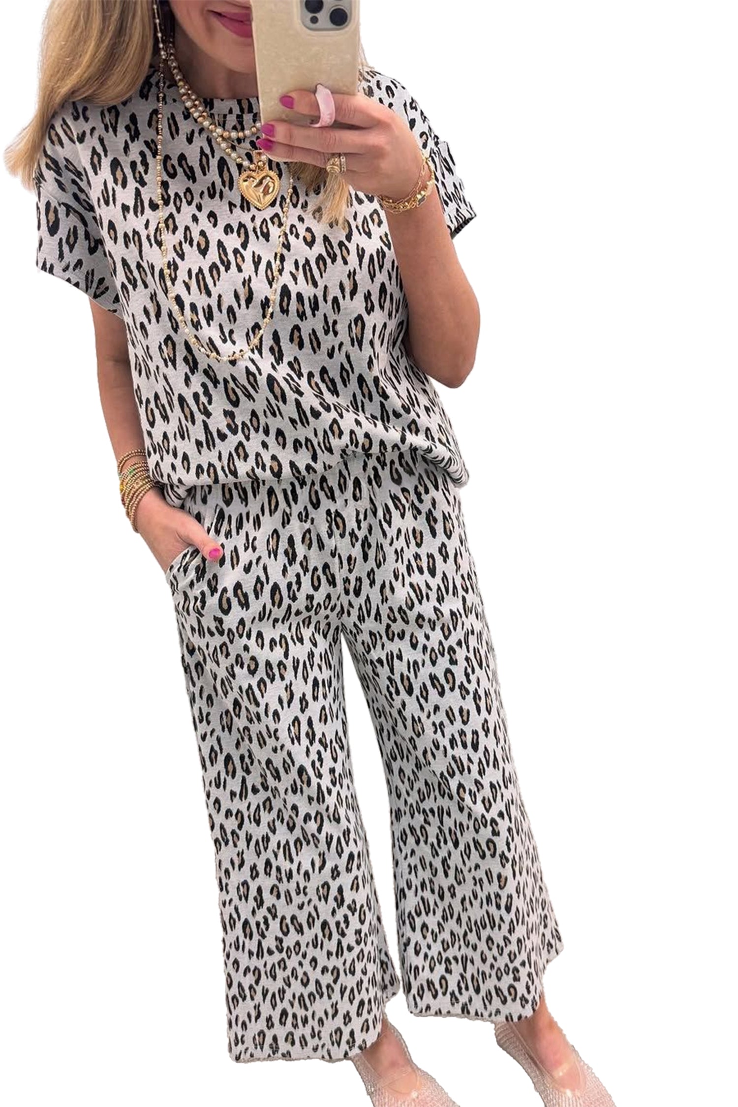 Beige Leopard Print Casual Tee and Pants 2pcs Outfit