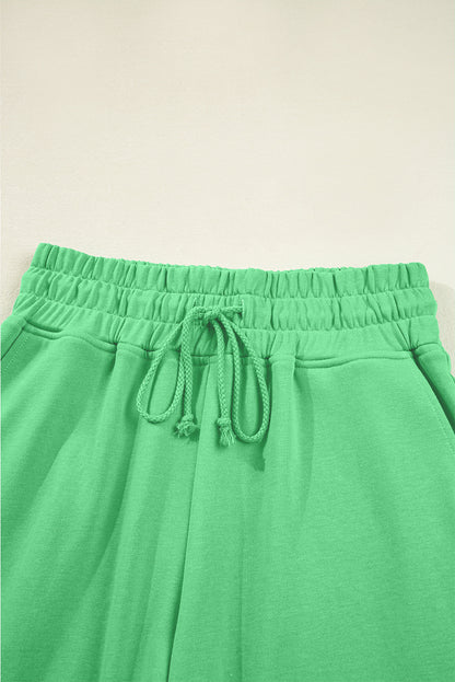 Bright Green Drop Shoulder Puff Sleeve Crop Pullover Drawstring Wide Leg Pants Set