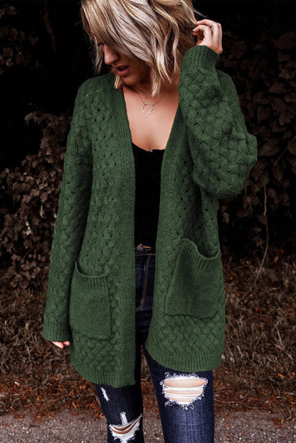 Green Open Front Woven Texture Knitted Cardigan with Pockets - L & M Kee, LLC