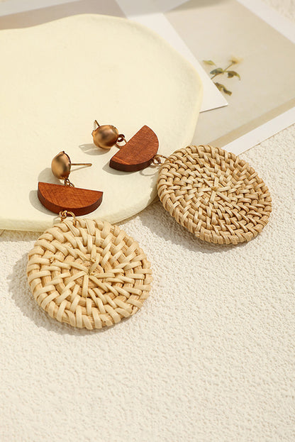 Beige Wooden Woven Disc Dangle Earrings