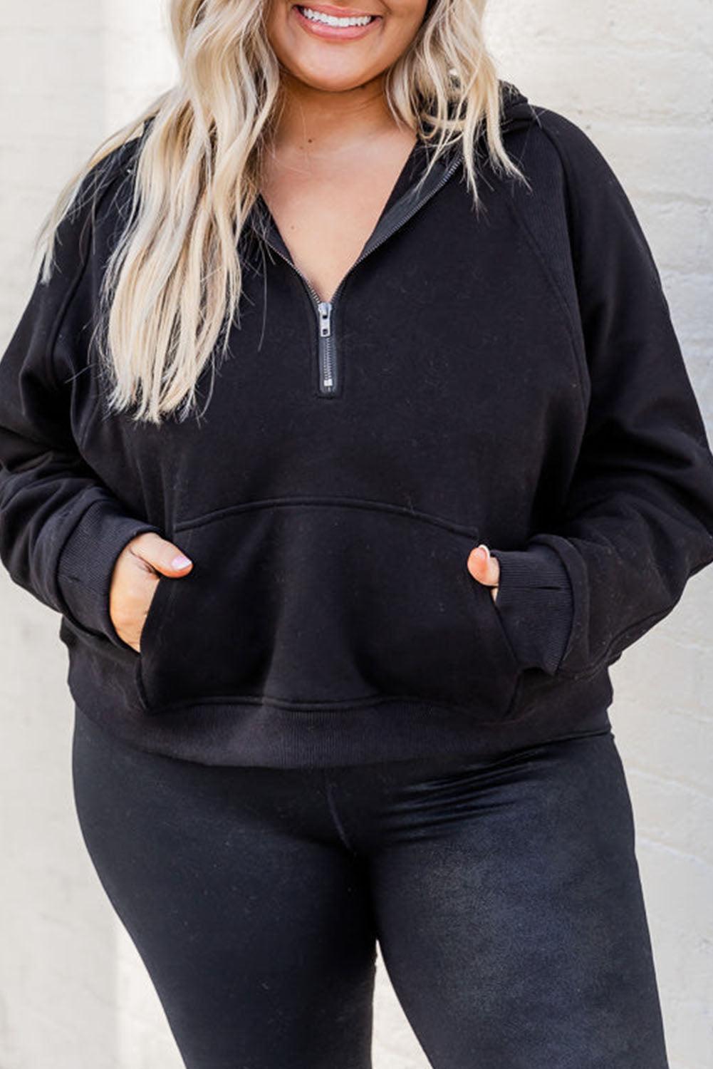 Black Half Zipper Kangaroo Pocket Plus Size Hoodie - L & M Kee, LLC