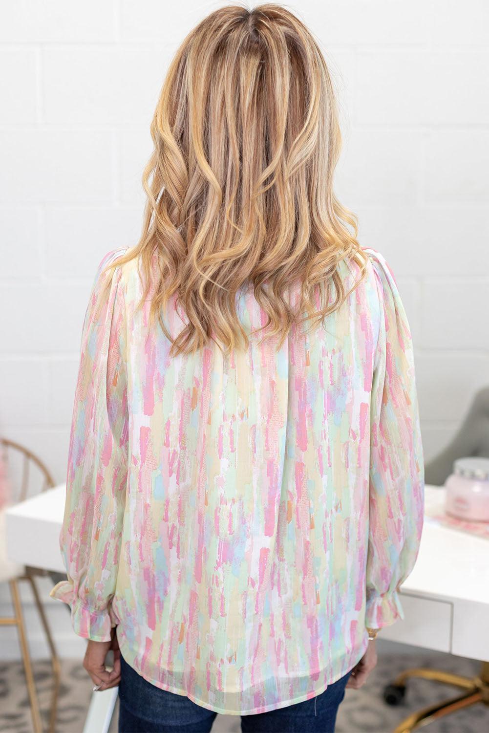 Multicolor Abstract Print Frilled Buttoned Long Sleeve Shirt - L & M Kee, LLC