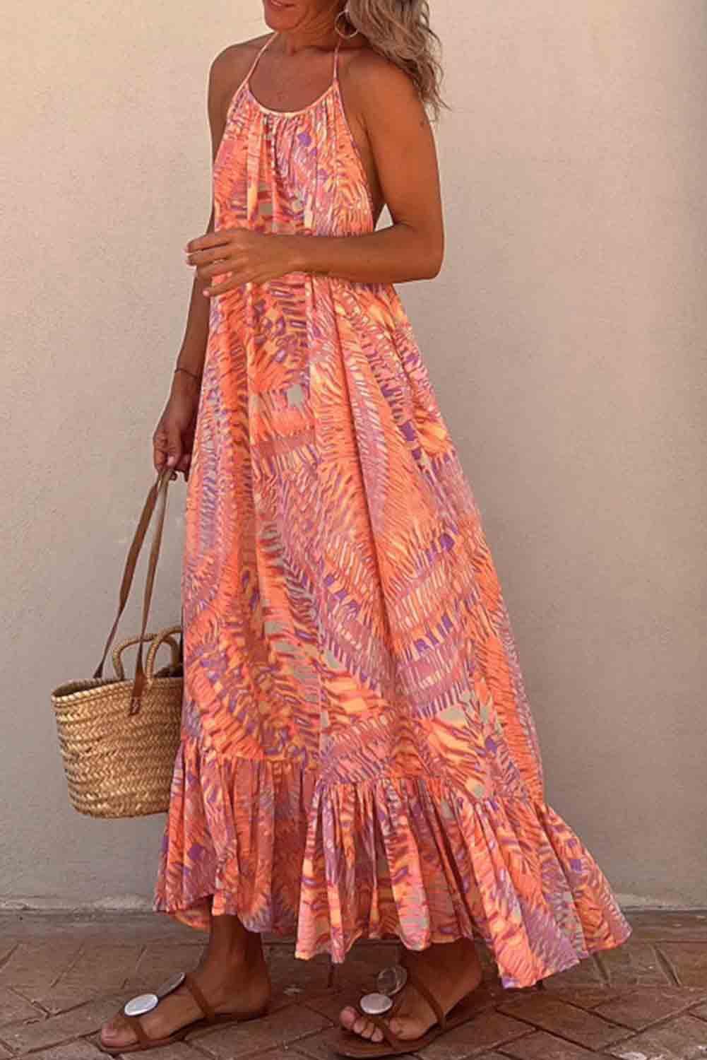 Orange Geometric Print Tassel Tie Halterneck Maxi Dress - L & M Kee, LLC