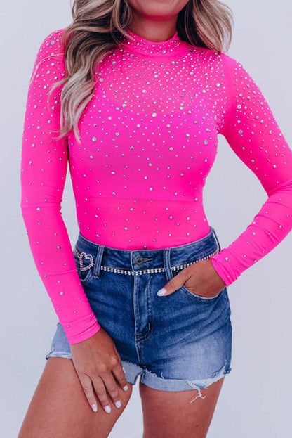 Rose Rhinestone Mesh Long Sleeve Bodysuit - L & M Kee, LLC