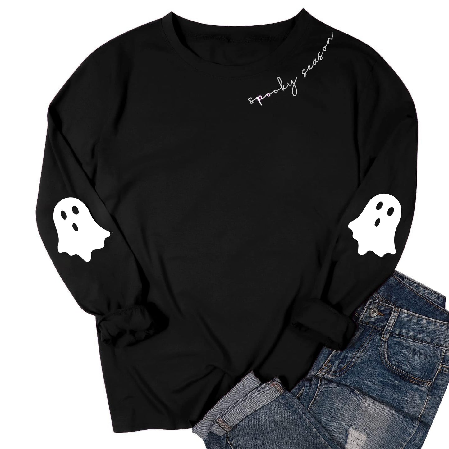 Black Spooky Season Halloween Ghost Printed Drop Shoulder Sweatshirt