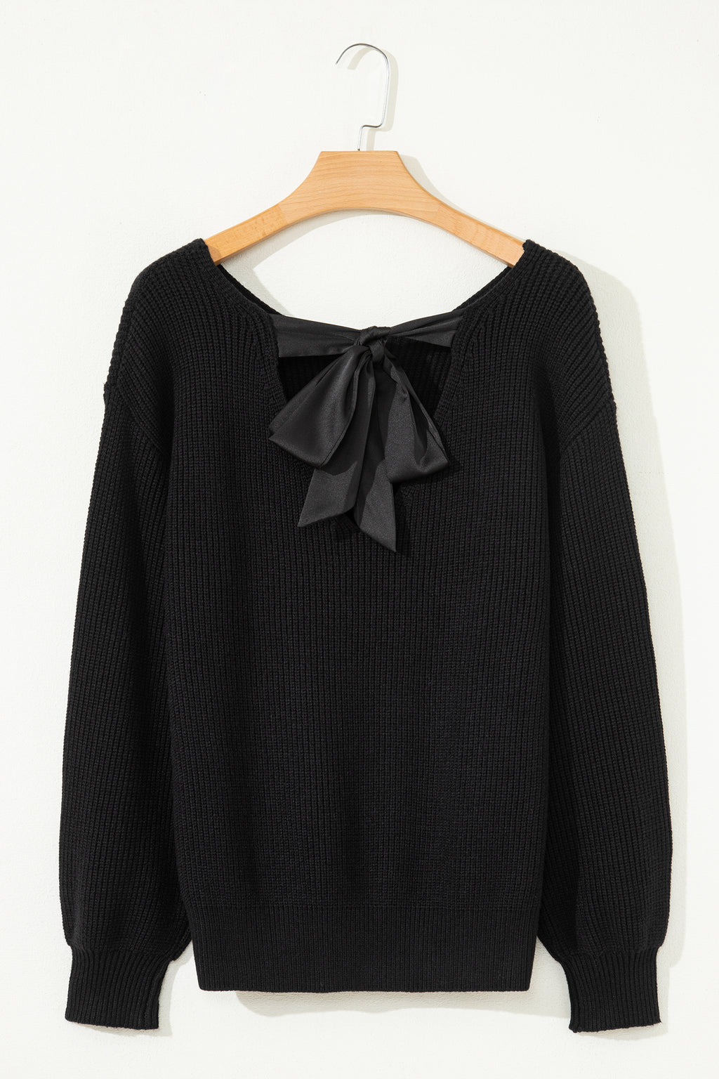 Black Ribbed Knit Ribbon Knot Backless Drop Shoulder Sweater