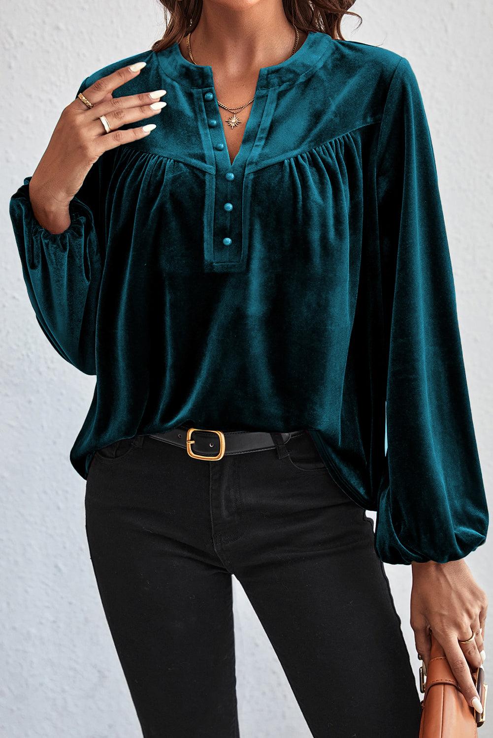 Gold Flame Lantern Sleeve Beaded Split V Neck Velvet Top - L & M Kee, LLC