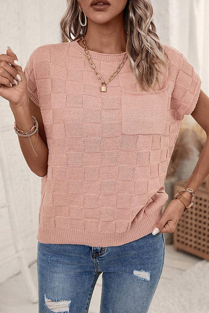 Dusty Pink Lattice Textured Knit Short Sleeve Sweater - L & M Kee, LLC