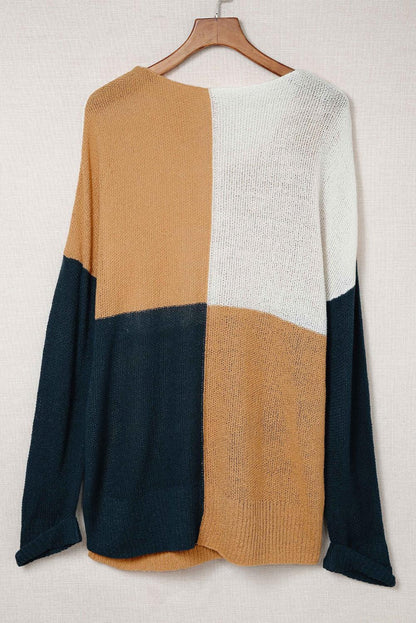 Blue Color Block Side Slit Plus Size Sweater - L & M Kee, LLC