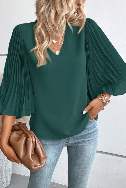 Blackish Green 3/4 Pleated Bell Sleeve V Neck Blouse - L & M Kee, LLC