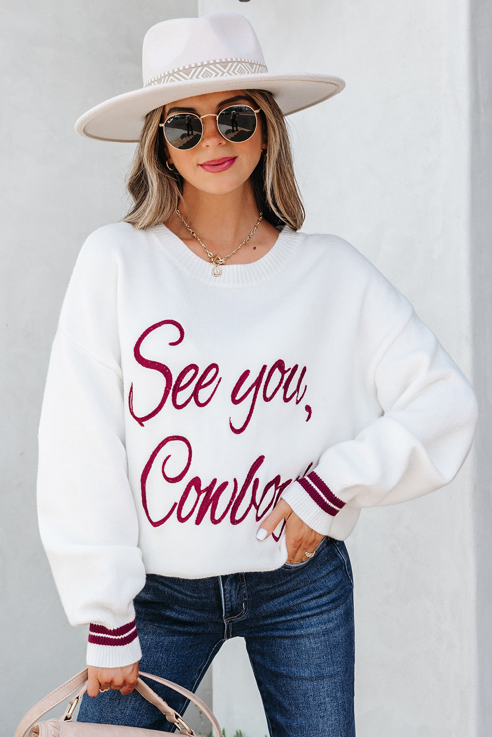 White See You Cowboy Embroidered Western Graphic Sweater