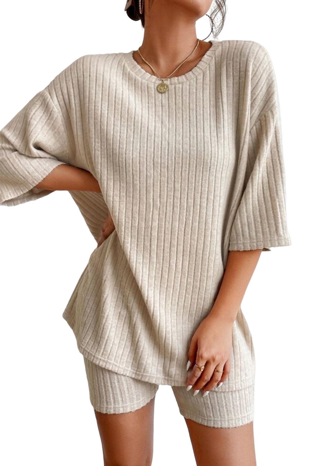 Apricot Plain Ribbed Loose Fit Two Piece Lounge Set - L & M Kee, LLC