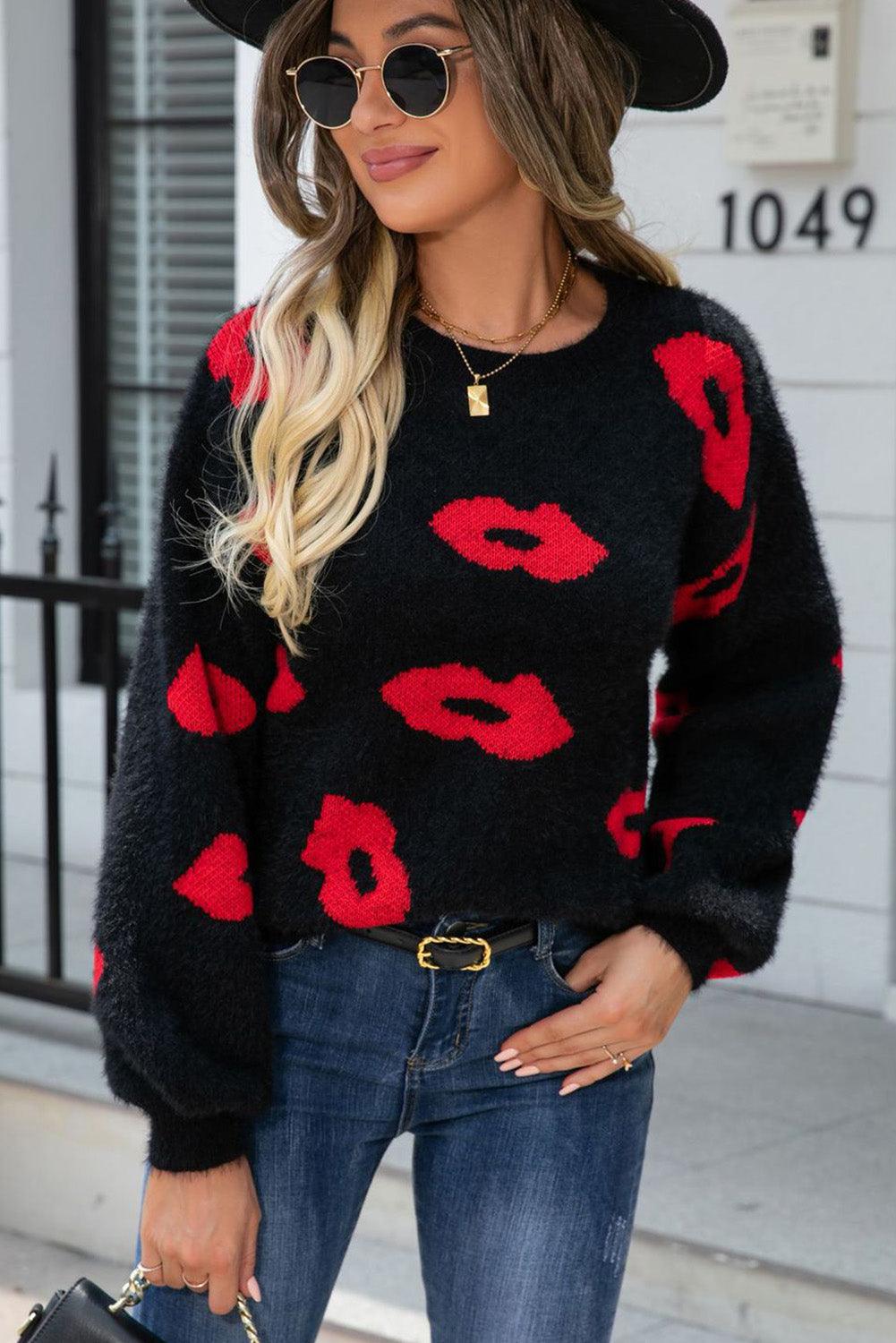 Bright Pink Valentine Kisses Fuzzy Sweater - L & M Kee, LLC