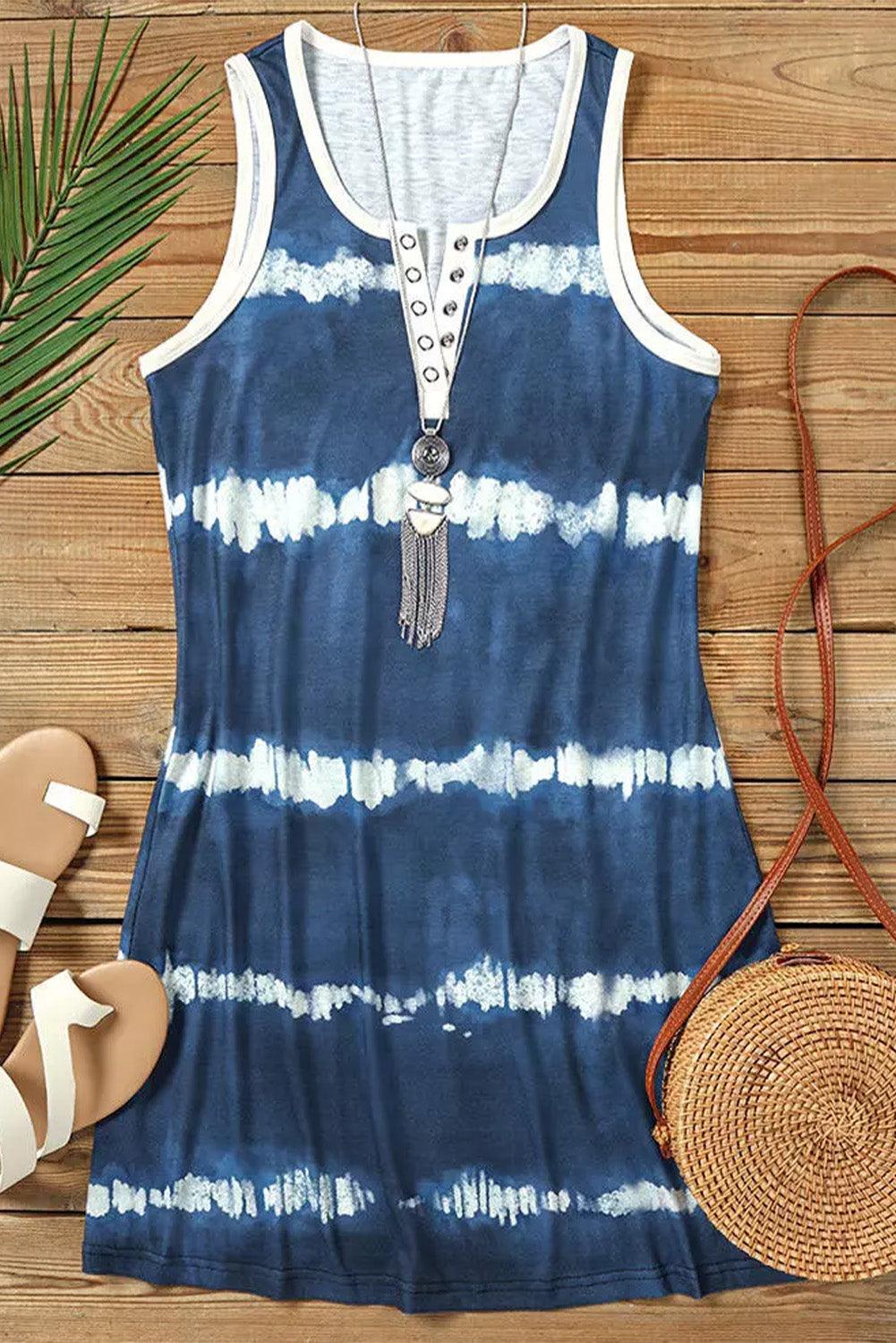 Tie Dye Striped Button Notch V Neck Mini Dress - L & M Kee, LLC